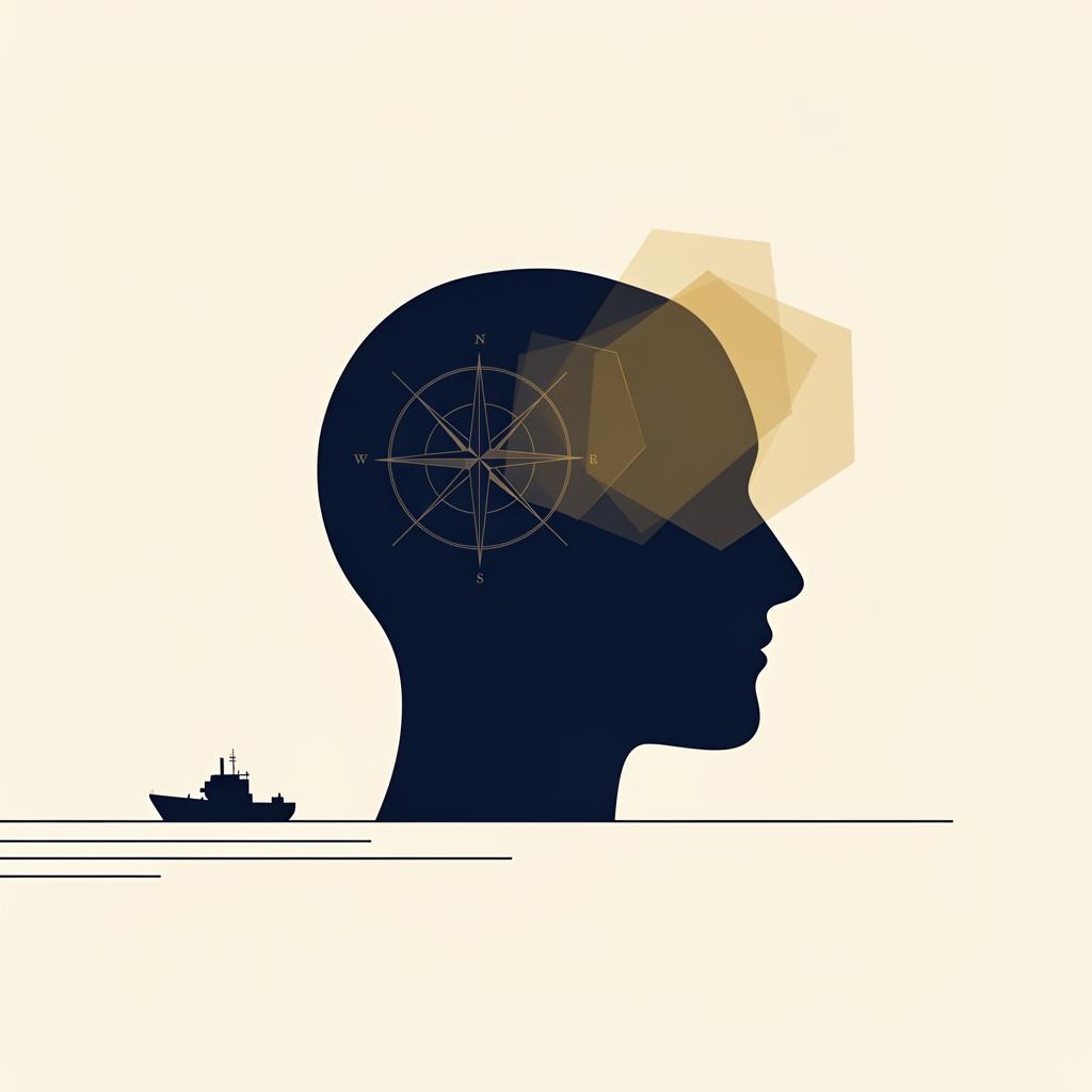 A human profile with a compass and blind-spot shapes over a calm sea — the psychology of failure